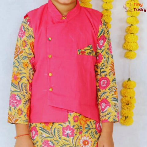 Yellow Floral Print Kurta With Pink Jacket Pajama Set Tiny Tusky General Trading FZE