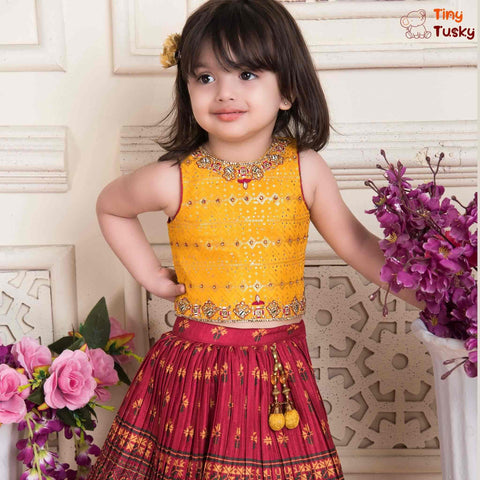 Yellow Embroidered Girls Sleeveless Top With Ethnic Red Short Skirt